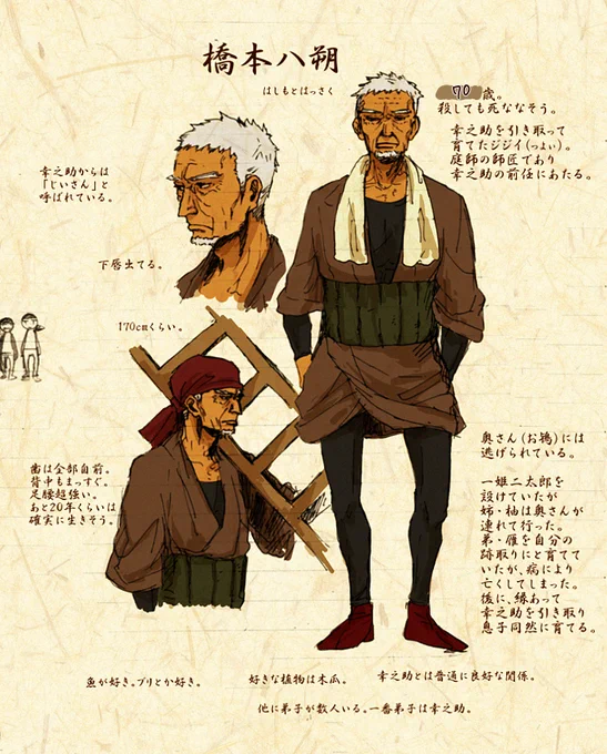 @smri_tos 庭師幸之助の師匠の八朔じいちゃん 西組屋敷の前任庭師。70歳にしたけどこの時代にそんなに長生きするジジイって存在するのか?しなかったらごめん、許してほしい。色黒白髪ジジイ。 