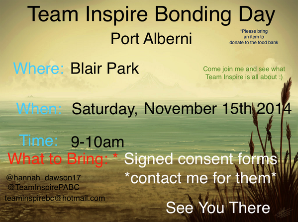 TeamInspireFAQ's tweet photo. #TeamInspire event in Port Alberni Canada on 15 November. Talk to @hannah_dawson17 if you're going! :) http://t.co/lckePUwkI8