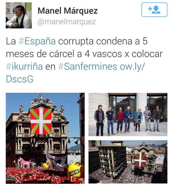 PereForcada's tweet photo. En #España:
Colocar #ikurriña en #Sanfermines☞ 5 meses de cárcel
Hacer saludo fascista en el Parlament☞ Demócrata http://t.co/3jAP55dPO1
