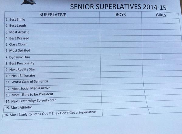 tiburonybk's tweet photo. the REAL superlatives so everyone can get REALLY excited: Voting begins next week during lunch, find our table! http://t.co/E8wal05yMD