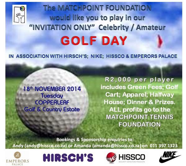 JohnLaffnie's tweet photo. Join us at the #MatchpointFoundation golf day on the 18 th of November at #copperleaf. Book your 4-ball now. http://t.co/r8HsjcaYgg