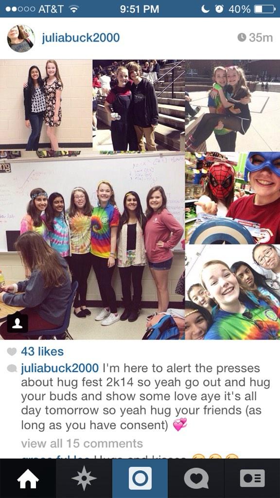 saachiw's tweet photo. #whenindoubthugitout @itsnehaaa @julesrules1321 @juliabuck2000 :)national hug fest :) http://t.co/aelUFp6LN4