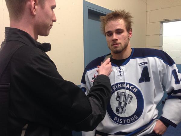 MJHLPistons's tweet photo. Penner being interviewed by @MIX967FM @country107fm @AM1250radio after a thrilling 2-1 OT win! #STPvsPOR http://t.co/JXf4PRc2wO