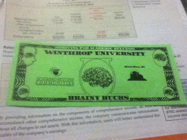 WinthropACAD010's tweet photo. Ask your RA about Brainy Bucks! I just got caught studying &amp; received one. #majoraccountingtest #coolprize4studying http://t.co/RHT3JzMt8P