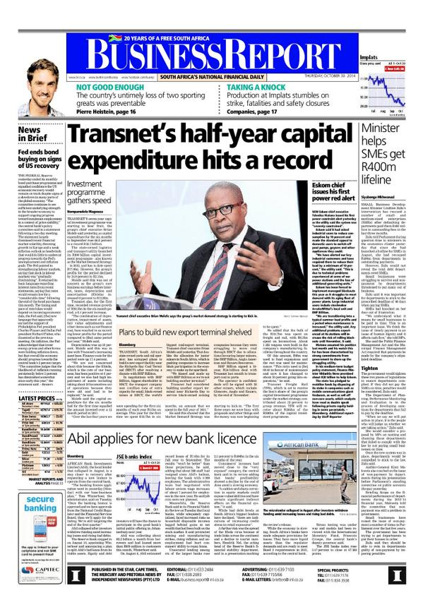 Today's BR newspaper front page deals with news about Eskom