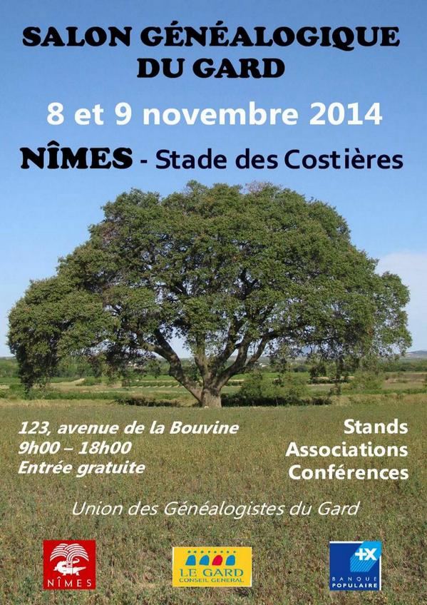 NOV. 8 &amp; 9 Nîmes-30_Salon généalogie_Stade des Costières,_123 Av de la Bouvine_32 stands_3 Conf. dont Brozer téléa.