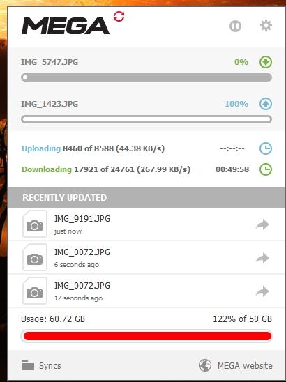 JoMangee's tweet image. Must figure out what @MEGAprivacy #MEGAsync is doing.  I think it's stuck... 120% quota, and lost track of state