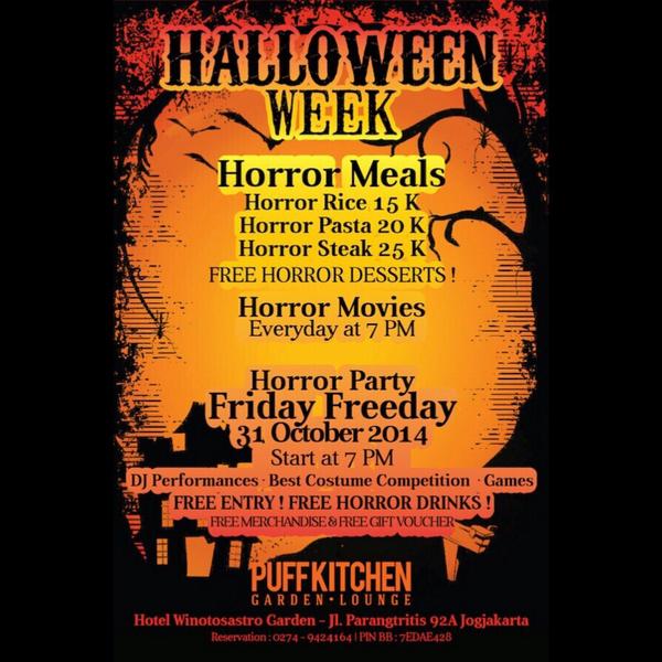 EventJogjakarta's tweet photo. Halloween Party FRIDAY FREEDAY 31 Oktober 2014 19.00. Yuk dtg rame-rame ! Kita bagi-bagi GRATISAN ! @PuffKitchen http://t.co/9JT7cIHnZT