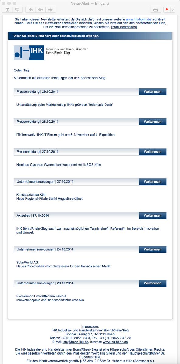 Donnerstags - wie immer Versand des <a href="/IHK_Bonn/">IHK Bonn/Rhein-Sieg</a> News-Alerts (Pressemeldungen &amp; Aktuelles), mehr: ihk-bonn.de