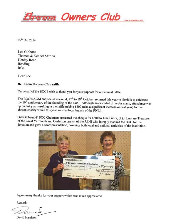 Congratulations to <a href="/BroomOwnersClub/">B.O.C.</a> on raising £800 for <a href="/RNLI/">RNLI</a> on the 10th anniversary of the club