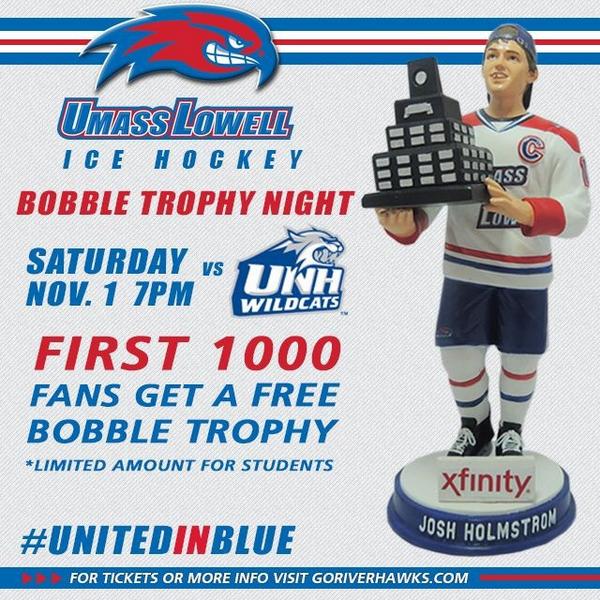RiverHawkNation's tweet photo. #BobbleTrophyNight Saturday November 1st vs UNH 7pm #UnitedInBlue http://t.co/orXh6n8cUO