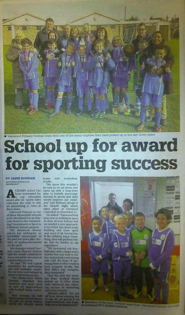MickHudo's tweet photo. Great piece by @JamieBowman77 in the CROSBY HERALD about @ValewoodPrimary and the @EducateAwards 2014 #veryproud http://t.co/ljNHmQuM0s