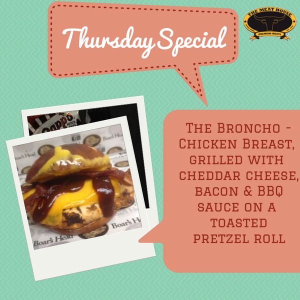 TheMeatHouseOK's tweet photo. Try the Broncho sandwich special today. Chicken breast w/cheddar cheese, bacon &amp; BBQ sauce. Great $7.99 meal - Yum! http://t.co/fS2qUgN5sB