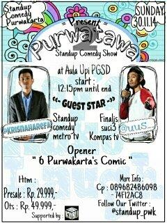 #PURWATAWA2 <a href="/standup_pwk/">Stand Up Purwakarta</a> | GS : <a href="/krisnaharefa/">Kris</a> &amp; @Uus__ | UPI PGSD Pwk | 30/11/14 | 12.15 | Tix Box: <a href="/bubu_cafe/">BUBU CAFE & ICECREAM</a>
