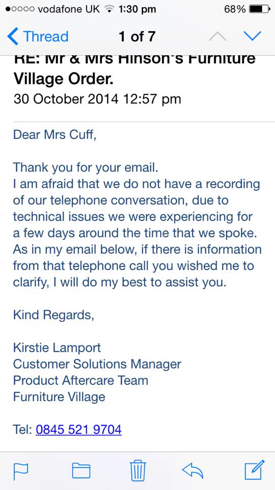 JaneCuff's tweet image. Asked @Furniturevillage 4 record of tel/call when Cust/Services laughed when I said I'd contact Ombudsmen &amp;amp; rec'd...