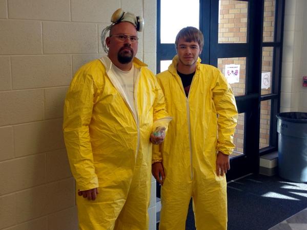 vhsknights's tweet photo. Mr. Schoenrock and Austin "Breaking Bad" for Halloween Spirit! http://t.co/uU2YpeC244