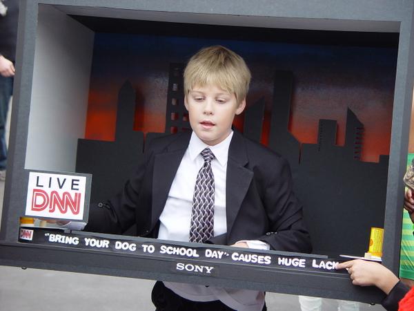 set271's tweet image. #tbt Deke as a TV news anchorman, 2012. TV Costume had lighted background, scrolling ticker. goo.gl/yhKv8B