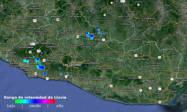 Lluvias moderadas a fuertes alred Cuisnahuat, Izalco, Zaragoza y Concepción Quezaltepeque, con dirección suroeste. RG