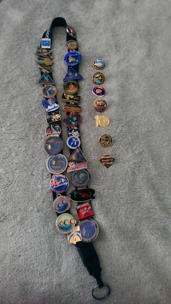 jhjones's tweet photo. My desk @NASAJPL & lanyard! Today is JPL's 76th birthday! #DiscoverJPL #Spacecraft #MissionPins http://t.co/CV10UKZWtp