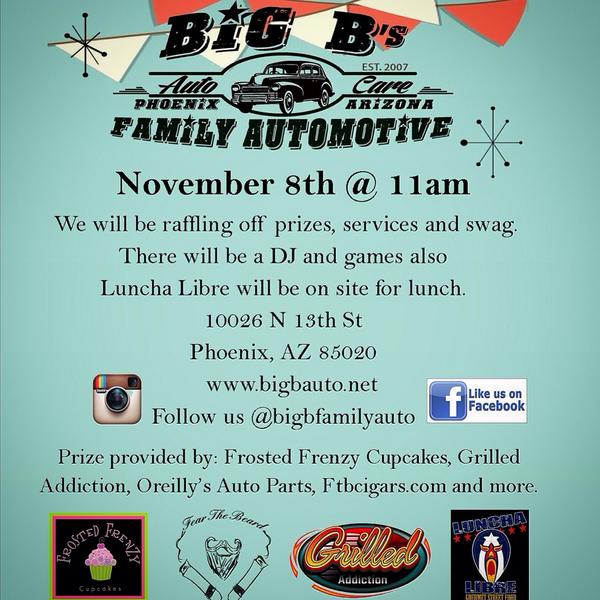 bigbfamilyauto's tweet photo. Come hang out with us for our grand opening event! #autorepairAZ #foodtruck #giveaway #bigbfamilyauto http://t.co/ZJZNKySAfA