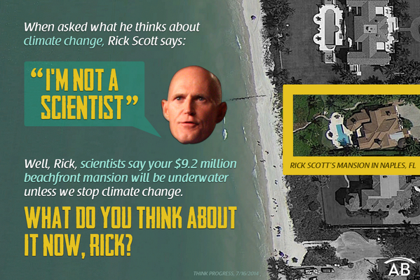 floridaforall's tweet photo. Maybe #RickScott will believe in climate change when his $9.2 million mansion is under water h/t: @American_Bridge http://t.co/ONiWrM5I1v