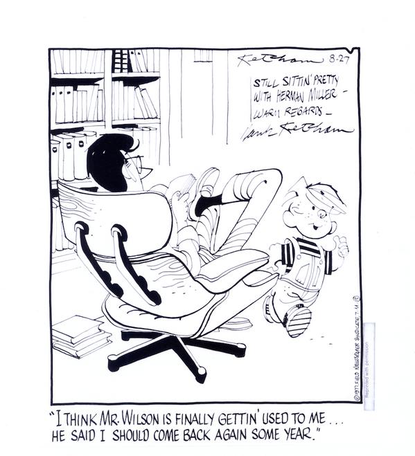 HermanMiller's tweet photo. "Still Sittin' Pretty." Hank Ketcham drew (and signed) this cartoon w/ #Eames Lounge Chair in 1977. #TBT http://t.co/HXhCEkzMI5