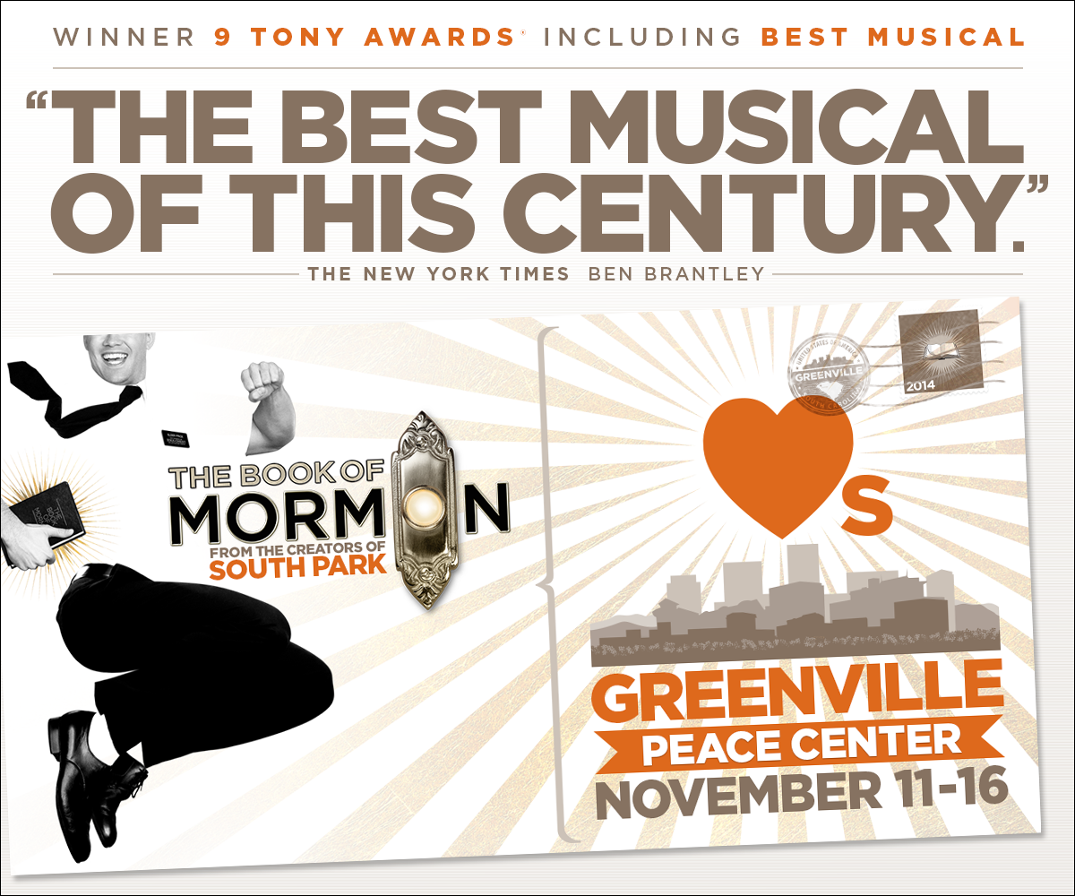 BookofMormon's tweet photo. #HelloGreenville! Follow and RT for a chance to win 2 tickets for November 12 at the Peace Center! http://t.co/zKanFwGfJi