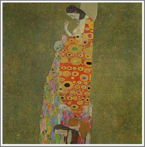 bit.ly/1vopY0Cグスタフ クリムト 作品 絵画 彼の作品の特徴としては、煌びやかな金色を多用したり、妖艶な女性を描いたものが多い。この作品は、当時のタブーであった妊婦を題材とした作品。【希望２】