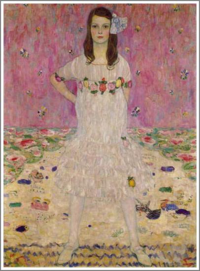 bit.ly/1vopY0Cグスタフ クリムト 作品 絵画 20世紀初め、ウィーンのデザイン界で人気を博したウィーン工房の共同所有者オットー・プリマフェージの当時９歳の娘を描いた作品。【メーダ・プリマヴェージの肖像】