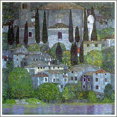 bit.ly/1Ckv830グスタフ クリムト 作品 絵画 この作品は、恋人エミーリエと毎年夏に赴いたアッター湖の様子を描いたもの。クリムトはここに別荘を持っていた。【アッター湖畔のカンマー城 I（水城）】