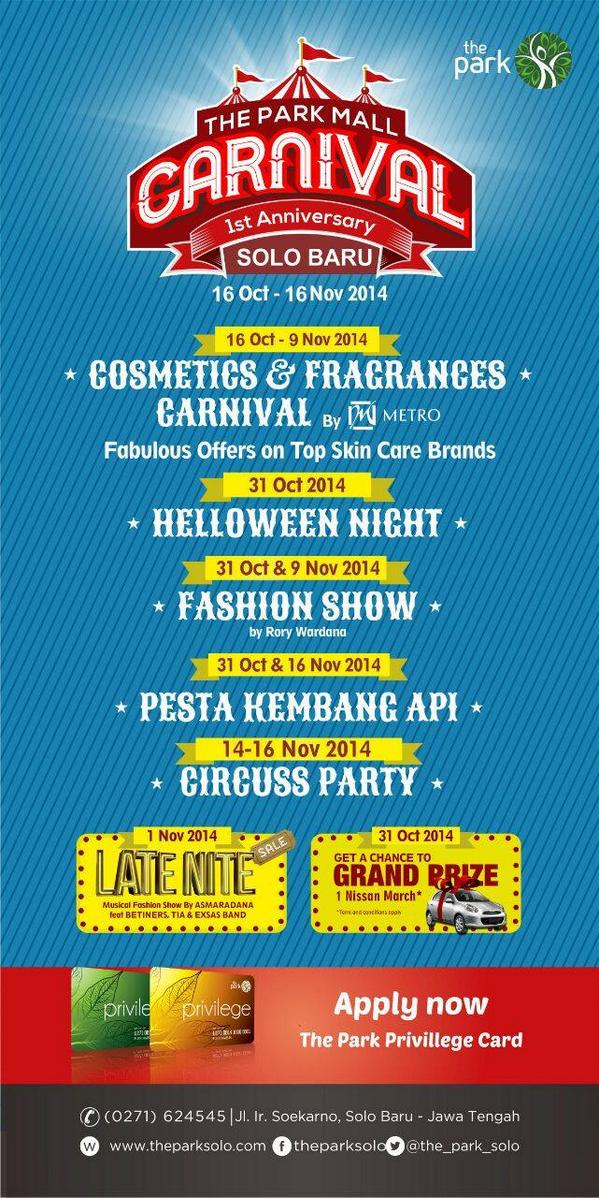 AgendaSOLO's tweet photo. #TODAY ~1st Anniversary @The_Park_Solo | 31 Okt &amp; 16 Nov : Pesta Kembang Api | 31 Okt Hellowen Night http://t.co/2TKUhtnQOE