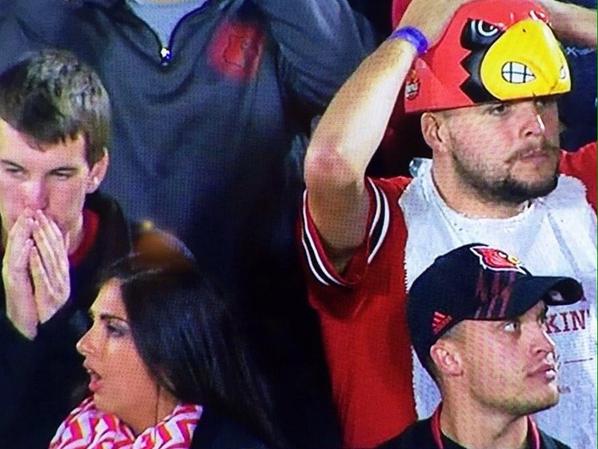 DrewFranklinKSR's tweet photo. Louisville'ing (vb)

1. To place your hands on your head as the Cardinals blow a 21-point lead

2. #L1C4 http://t.co/WBR5ekMc8Z