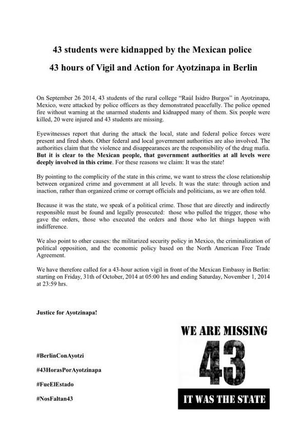Global132's tweet photo. #BerlinConAyotzi Reasons for 43-hours action
#43HorasPorAyotzinapa v/@MexicoviaBerlin http://t.co/AKMXpJOvsh