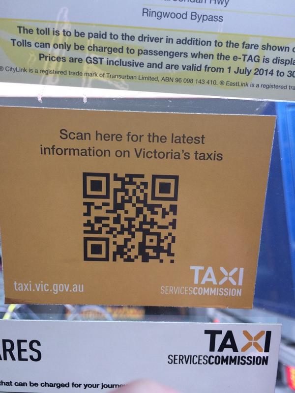 HarleyAugustine's tweet photo. Two of the most unreliable &amp; useless things combined - a QR code for Victorian Taxis! #seriously http://t.co/PHxb3KCLce