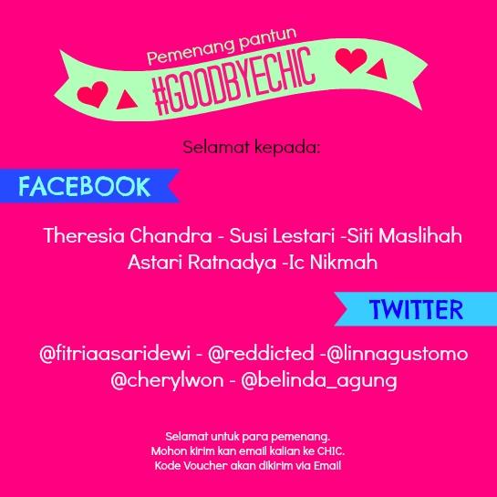Ini dia pemenang pantun #GOODBYECHIC berhadiah voucher @HotelQuicklyID sebesar Rp 200ribu untuk 10 orang. SELAMAT!