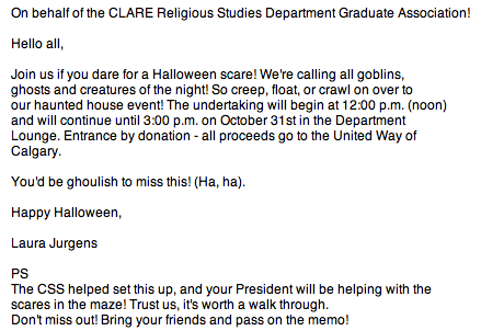UofC_CSS's tweet photo. Come on down today! Noon to 3pm! #HappyHalloween #HauntedHouse @FASA_UCalgary @SUUofC @UCalgary_Arts @UCalgary http://t.co/WD8cq3kIVi