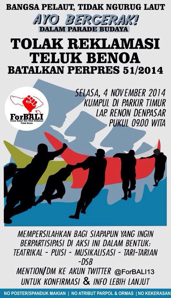 >> #Acara <a href="/ForBALI13/">Bali Tolak Reklamasi</a> PARADE BUDAYA Tolak Reklamasi 4 Nov 14 at Lap Parkir Timur Renon 09.00 Wita  <a href="/JRX_SID/">JRX</a>