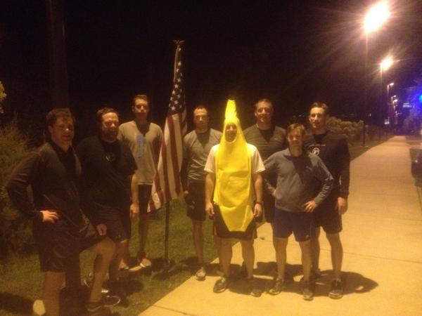 Douglas_Britt's tweet photo. @F3_TARP leads 9 PAX at @F3WolfRun.  The banana costume didn't slow him down.  @F3Raleigh http://t.co/MS0EXPInZT