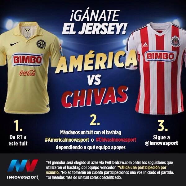 innovasport's tweet photo. CLÁSICO DE CLÁSICOS: ¡Gánate el jersey de @CF_America o @Chivas con @innovasport! http://t.co/aXgRUX2G1S