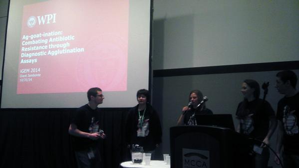 WPI's tweet photo. WPI's inaugural #iGEM2014 team nails their presentation-a method for combatting antibiotic resistance. #GiantJamboree http://t.co/GnptqIYXmb