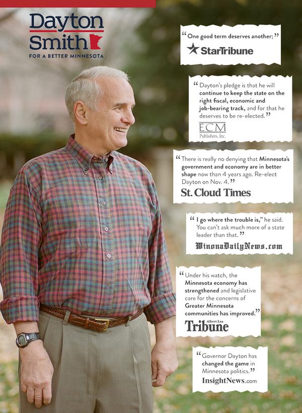 Mark_Dayton's tweet photo. Newspapers across the state endorse @Mark_Dayton for building a #BetterMN. http://t.co/xnNQXPX8NI