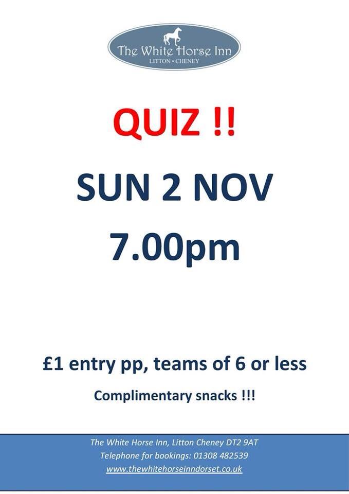 whitehorselc's tweet photo. Quiz Night @whitehorselc Sun 2 Nov 7.00pm. £1 per person - 50% of fees to winning team! http://t.co/JqUSlyA1lS
