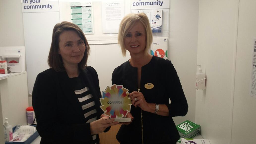 CPWales's tweet photo. @Kirsty_Williams Leader @WelshLibDems congratulates @fionalprice winner #CDawards14 Pharmacy Technician of the Year http://t.co/56qJX2gHxp