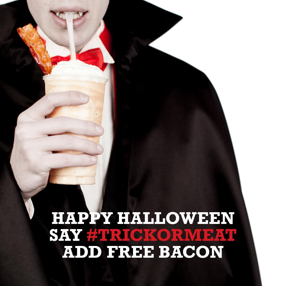 Arbys's tweet photo. Bacon makes it a truly happy Halloween. #TrickOrMeat http://t.co/enEROUu27W