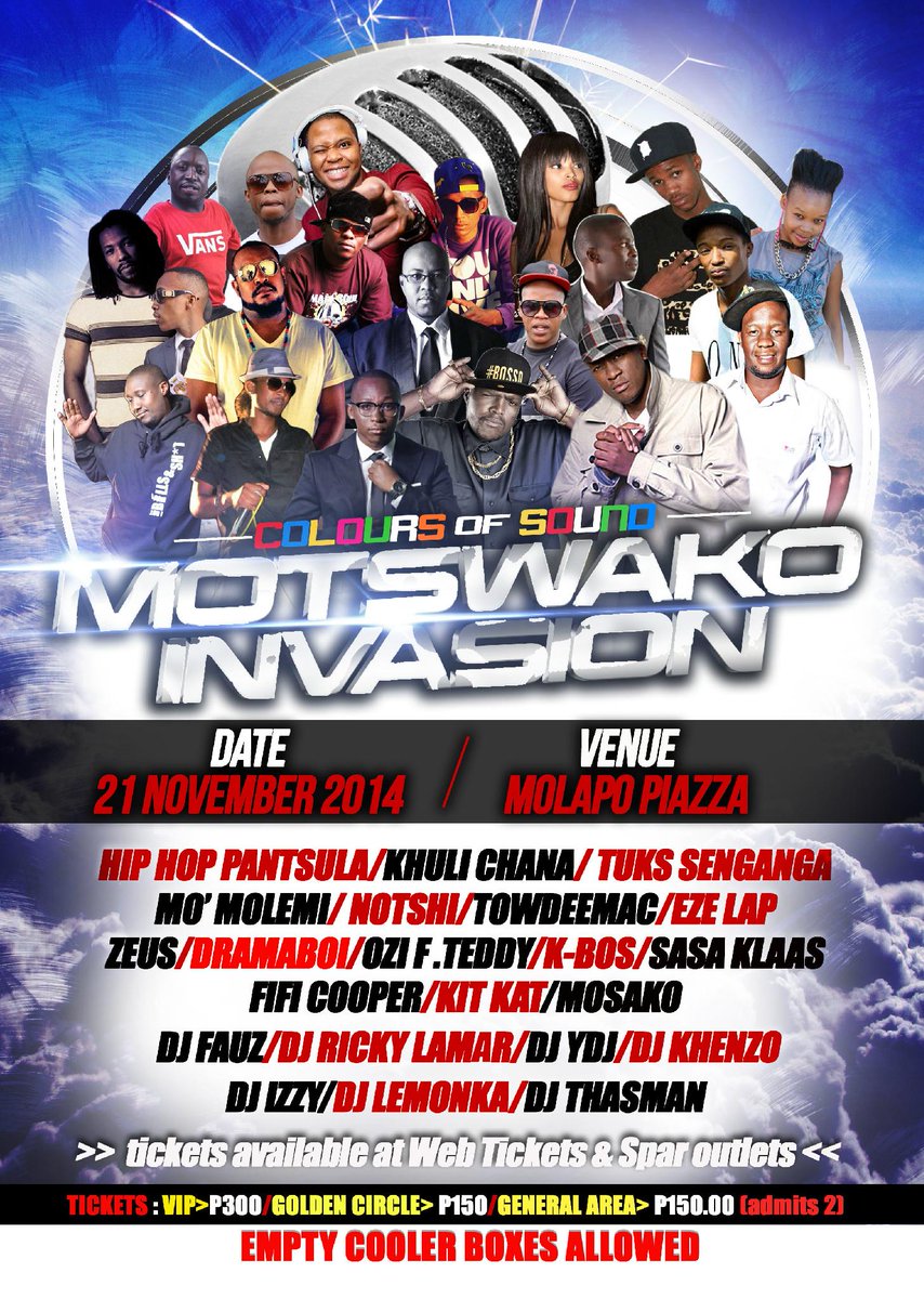 WhatsOnBW's tweet photo. RT @sirmassie: 21 Nov Molapo Piazza!! All Of The Motswako Greats!! Stampede!!! #CosMOTSWAKO  http://t.co/Aa9pEk5RGy
