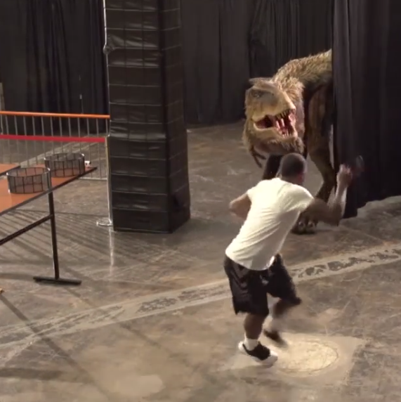 BleacherReport's tweet photo. VIDEO: Goran Dragic scares his teammates with a lifelike dinosaur. Eric Bledsoe was terrified http://t.co/sUha2aFtLb http://t.co/WWhcX3GL06