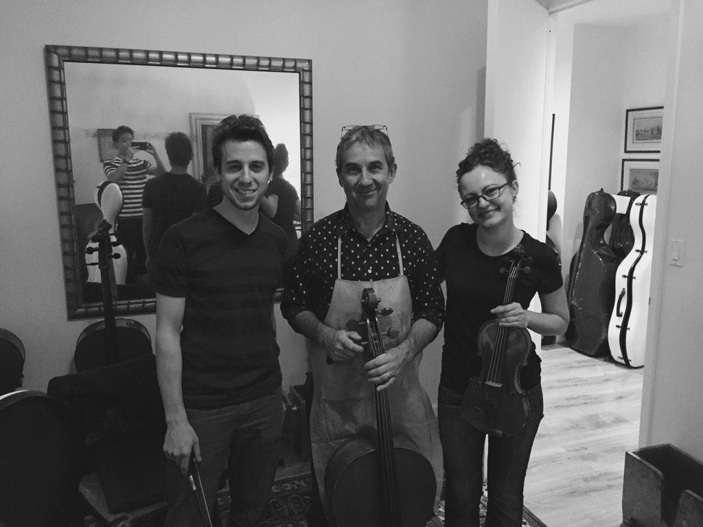 TrioCeleste's tweet photo. Had a nice visit with Christophe Landon & #DavidPopper's #Guadagnini cello! @CanadaCouncil #Strad #TrioOnTour #NYC http://t.co/ZR2NIlBdaP