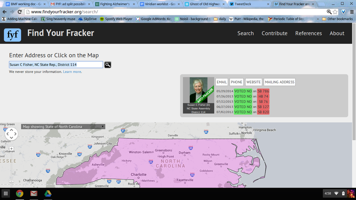 findyourfracker's tweet photo. Susan Fisher: NOT a fracker. Find who wants to frack NC &amp; who wants to protect it at http://t.co/G7iR953H6q #ncpol http://t.co/sZZTEGcRaa