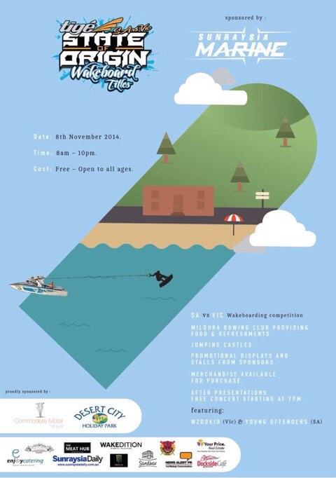 MilduraTalks's tweet photo. SA vs VIC wake boarding championships are happening right here in Mildura! Nov 8. http://t.co/kQU8EHQch6
