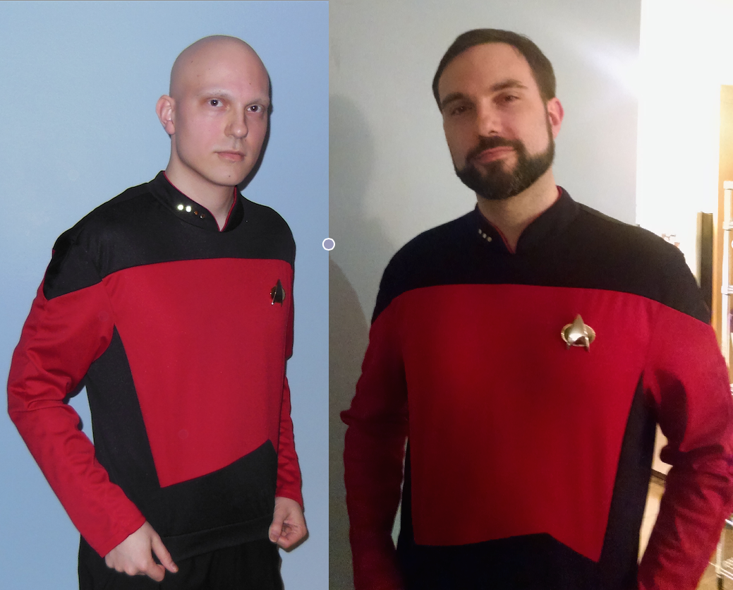 LeeFlower's tweet photo. My friend Tom. Last year (left), as Picard, because of the chemo. This year: Riker, and recovered. http://t.co/SN0qFkvHuV